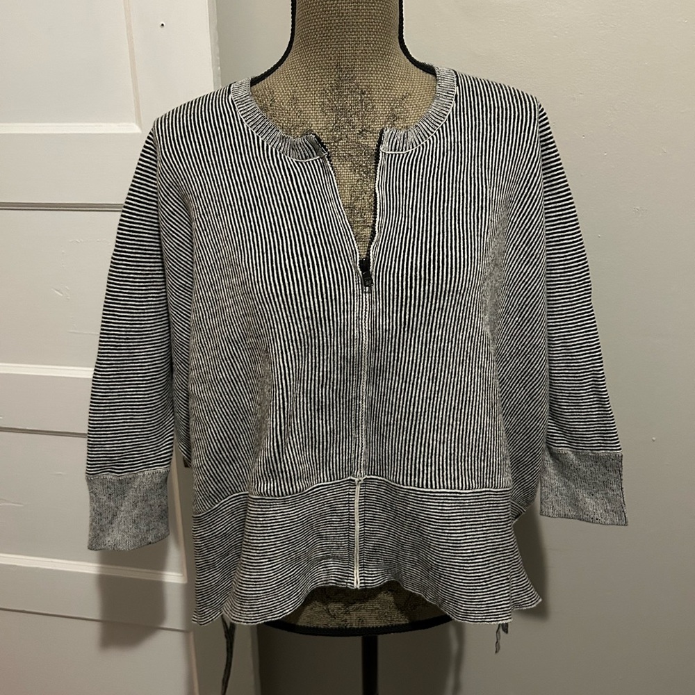 CAbi Black and White Striped Zip Up Sweater